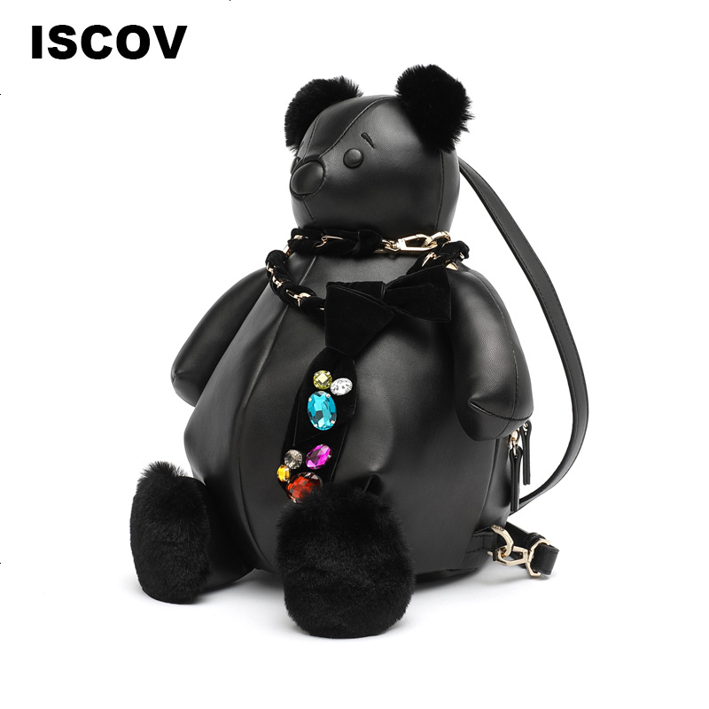 ISCOV可爱熊双肩包女春夏牛皮拼羊皮创意亮钻背包