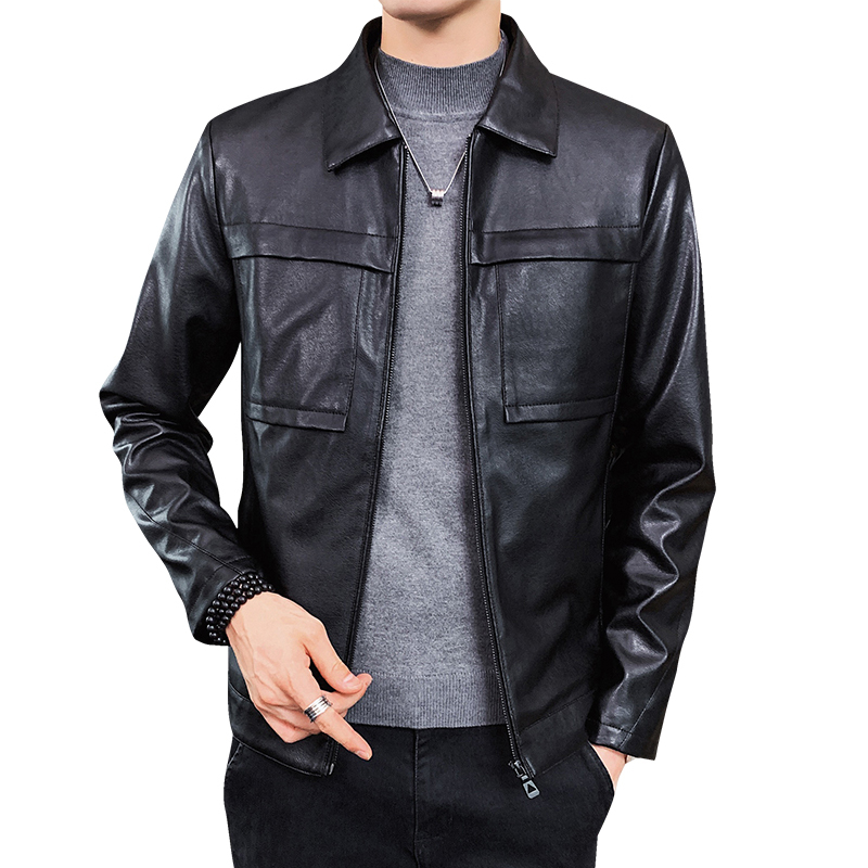 comeacross秋季新款翻领立体贴袋皮衣男休闲男士皮夹克外套