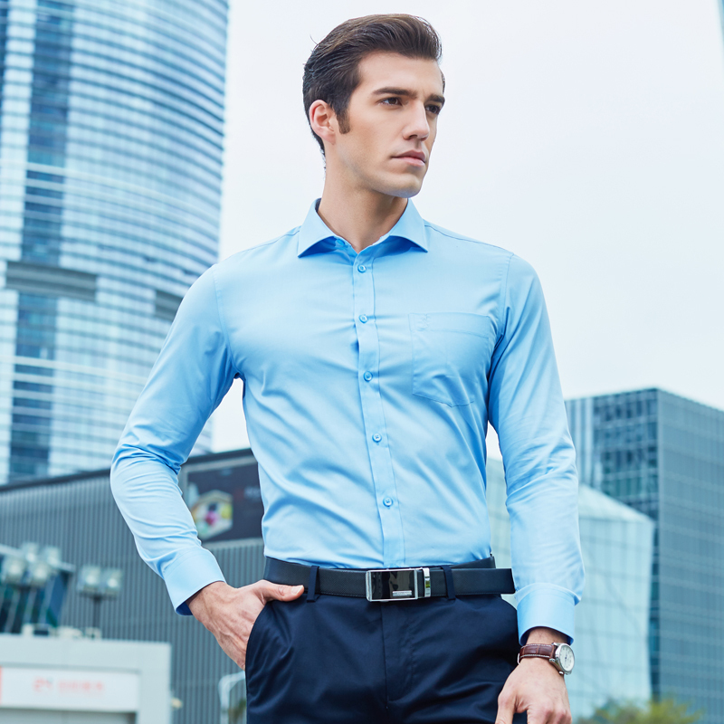 才子男装(tries)长袖衬衫 男士职业纯色简约百搭商务长袖正装衬衫1175