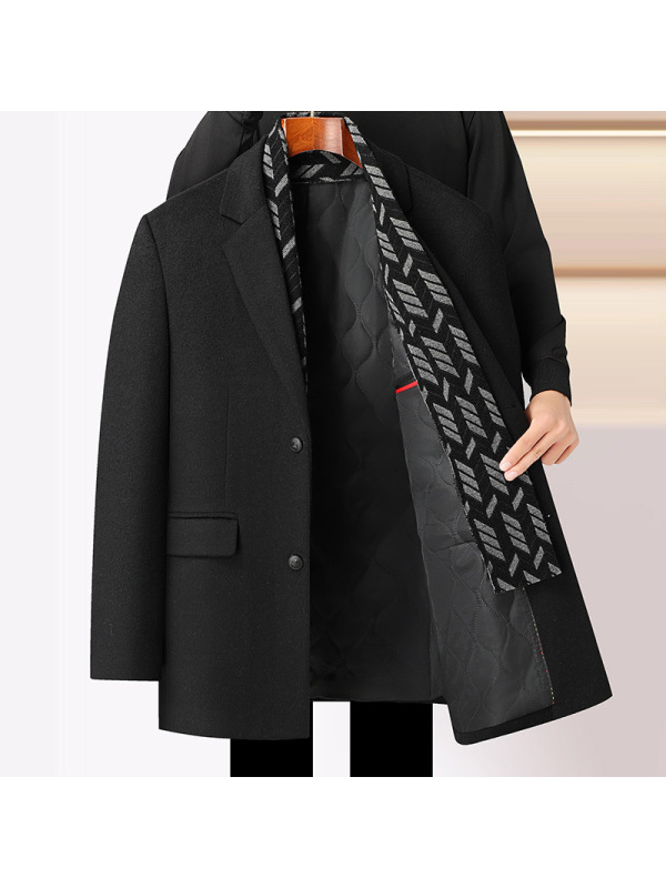 男式毛呢大衣秋冬新款围巾款加棉加厚羊毛风衣男士中长款毛呢大衣