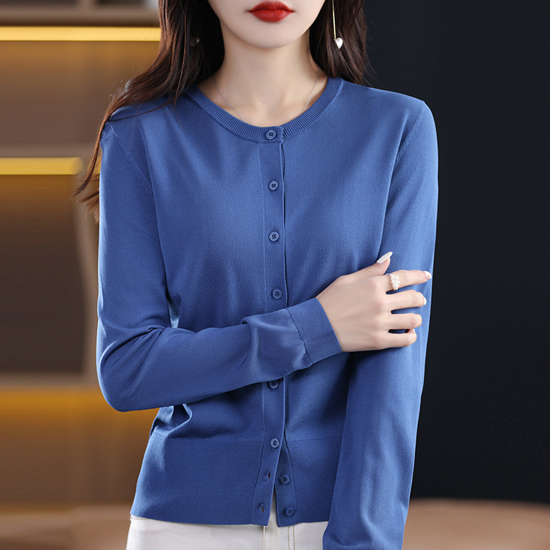 曲竹圆领开衫针织外套女新款百搭薄款休闲长袖纯色上衣防晒衫