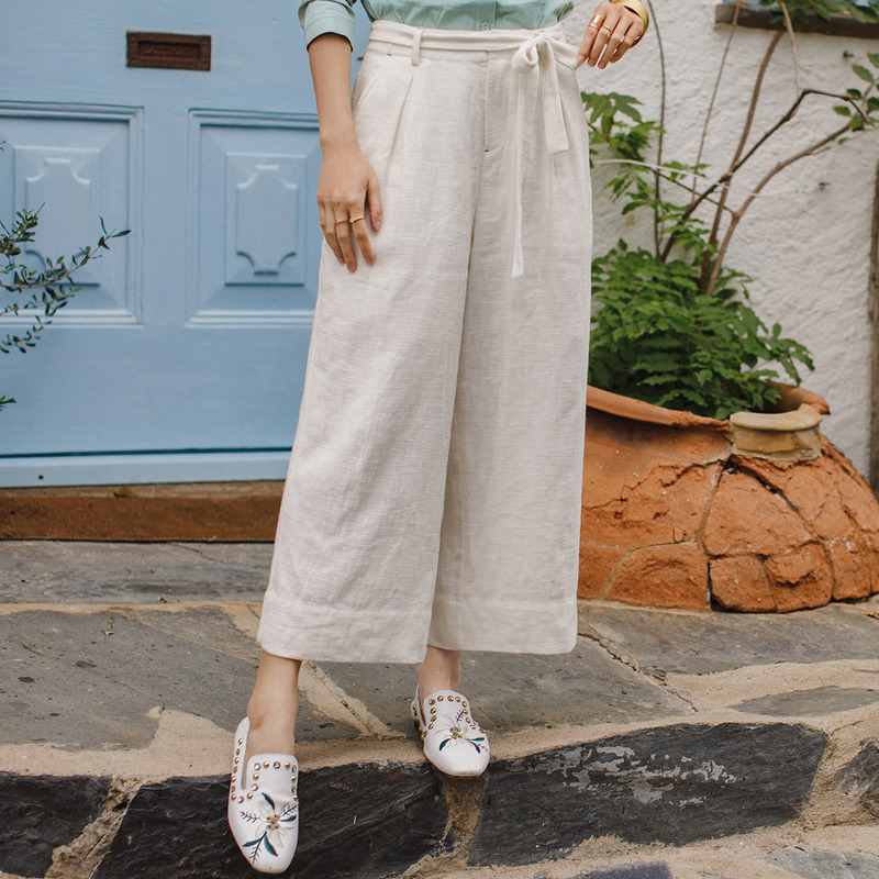 茵曼春新款白色系带苎麻阔腿裤女宽松休闲棉麻长裤显瘦百搭