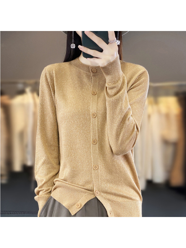 金银丝精纺羊毛开衫女秋季新款圆领针织衫打底衫外套