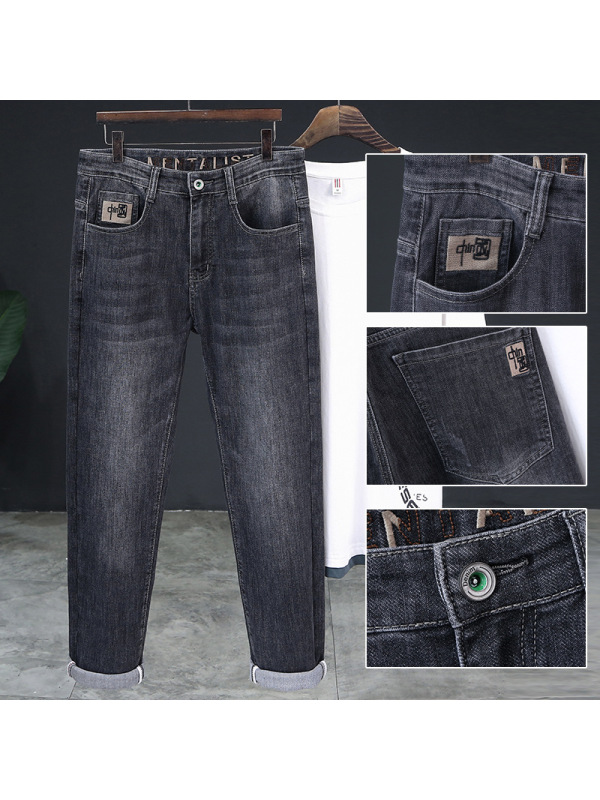 Ceba高弹力夏季薄款牛仔裤刺绣抖音男装长裤新塘牛仔裤男 868黑灰 38