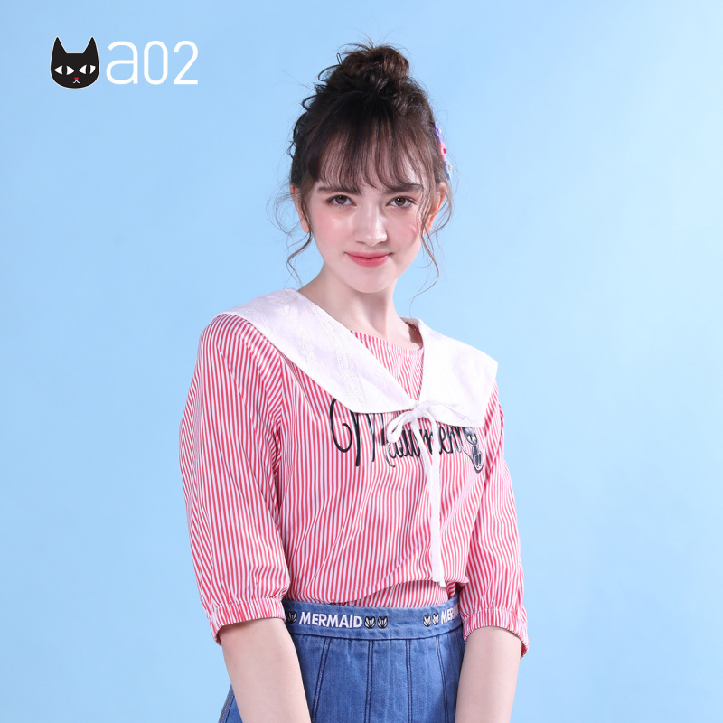 a02新款2020减龄学院风娃娃领卡通印花条纹衬衫女潮DTV2D0051BL