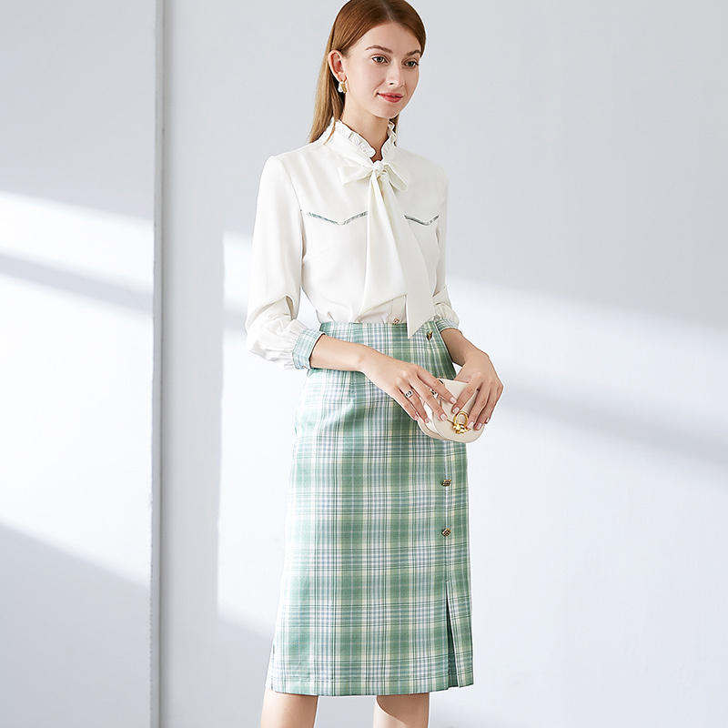 晚白2020秋季新品两件套名媛淑女衬衫格子高腰包臀裙时尚套装裙女