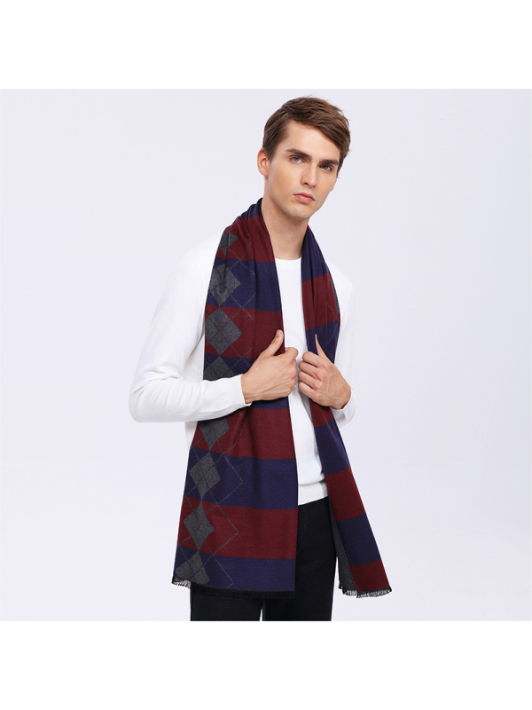 宏达HONDAR 秋冬经典商务绅士撞色菱格散穗男士保暖围巾 WJ340A