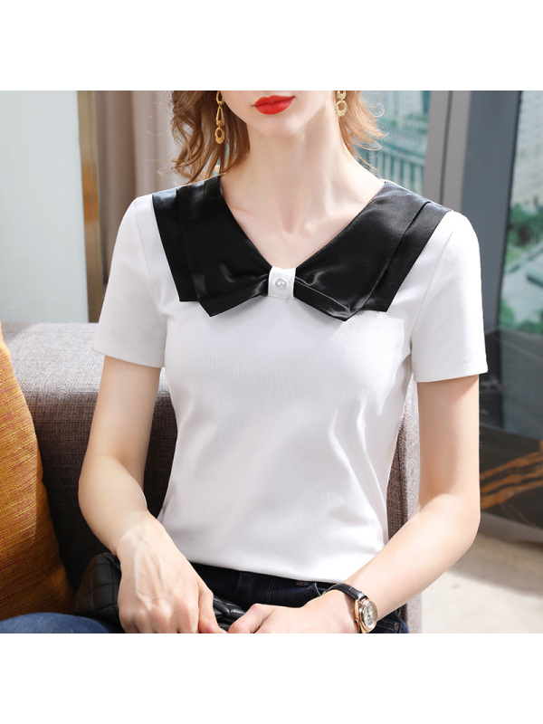Ceba短袖T恤女夏2022新款女装时髦撞色弹力棉体恤减龄娃娃领收腰上衣
