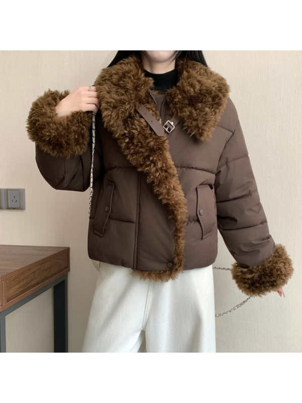 2026冬季新款仿羊羔毛拼接大翻领棉服洋气宽松加厚棉衣时尚女外套