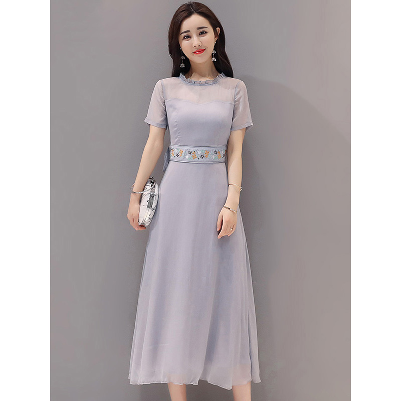 丝柏舍2018夏装新款女时尚圆领短袖高腰修身长款连衣裙S81R0979L