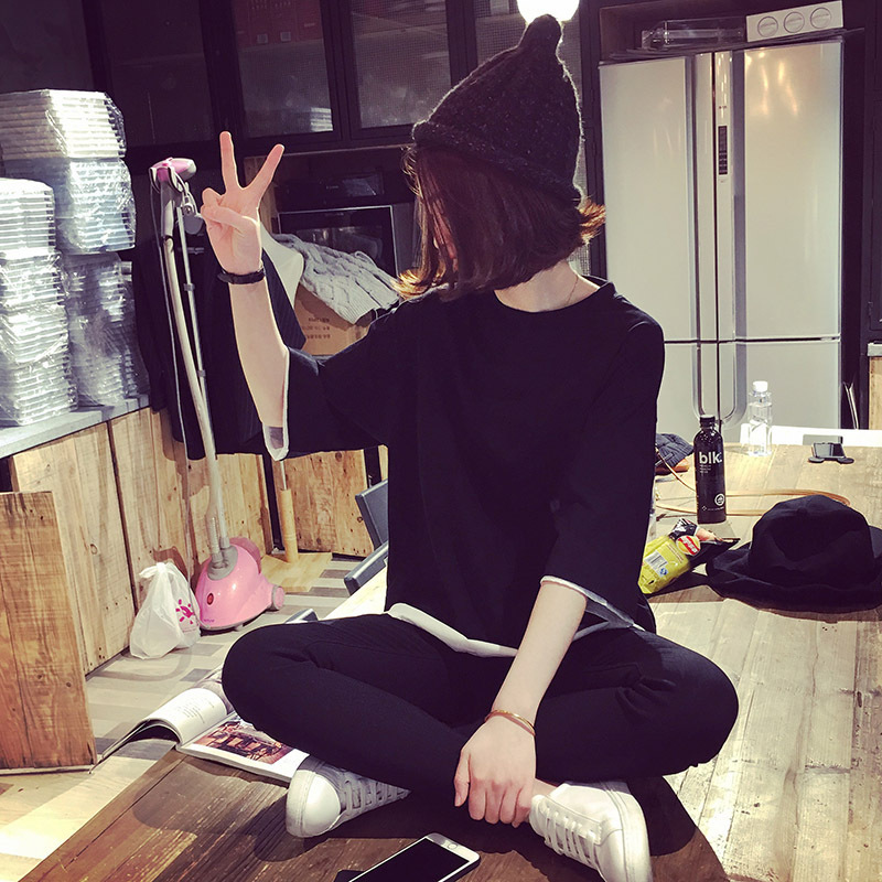 夏装新款韩版女装大码宽松纯侣假两件短袖T恤女式上衣小衫女