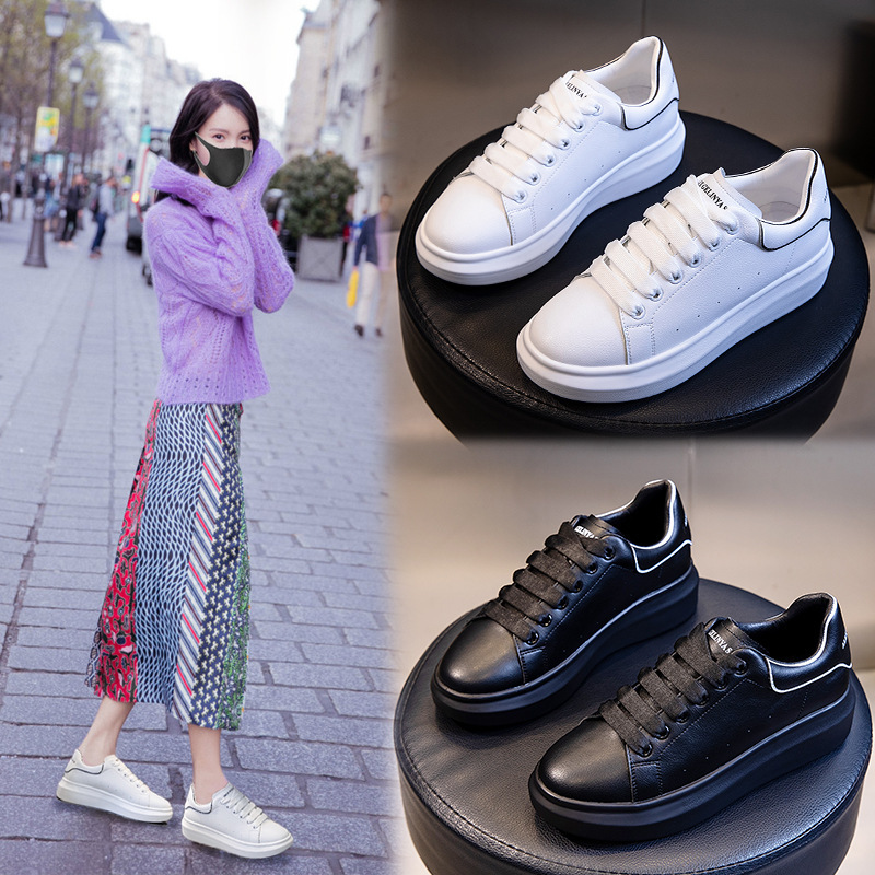 策霸真皮女鞋2020新款秋冬季平底休闲麦昆小白鞋运动松糕厚底单鞋女潮