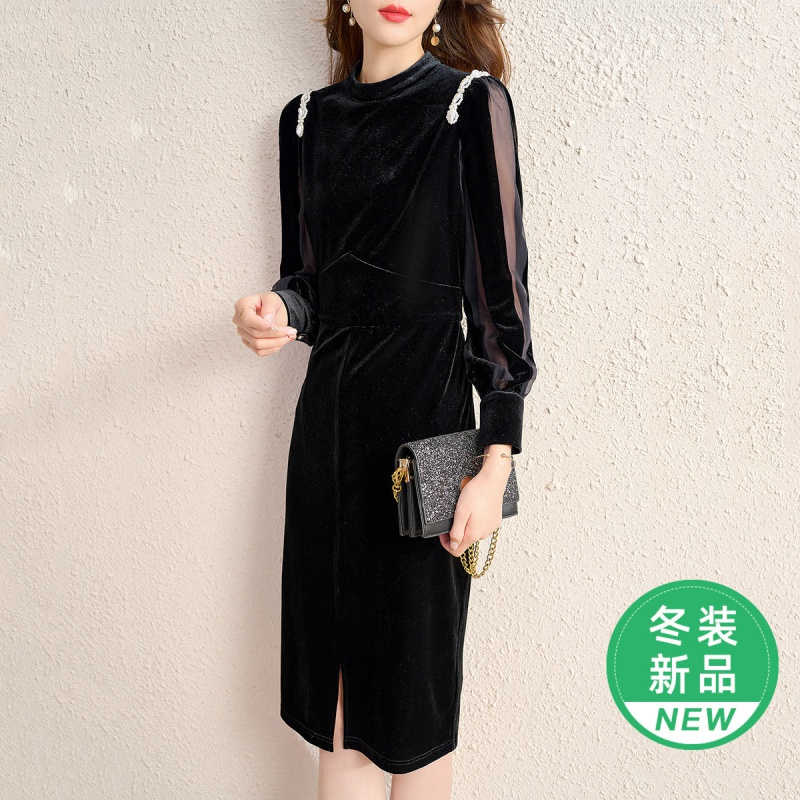 OUNIXUE欧昵雪 | [开叉过膝丝绒裙]秋冬季复古时尚透视长袖拼接女士连衣裙