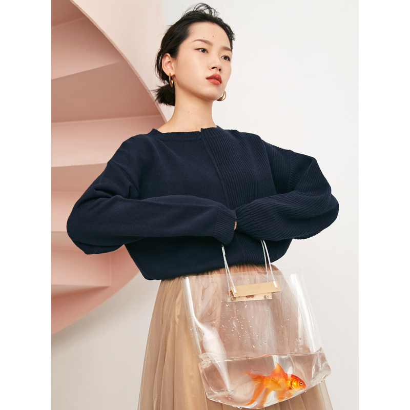 森宿Y秋冬装2018黑色慵懒风圆领套头宽松打底长袖针织毛衣女