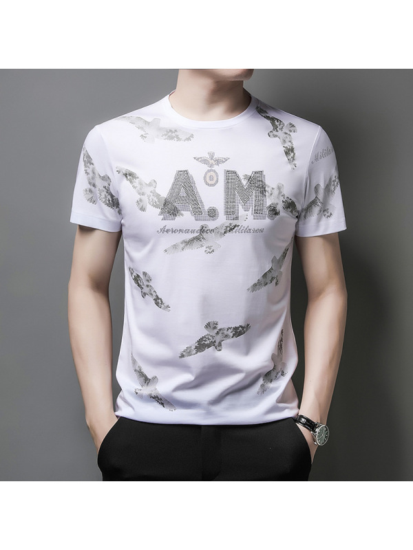 Ceen Bulled韩版男装 夏季男式T恤 短袖圆领大码体恤丝光棉烫钻 地摊