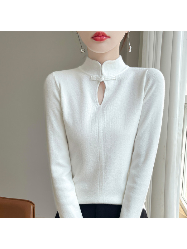 纯色中式盘扣上衣女秋季紧身显瘦打底针织衫软糯风毛衣