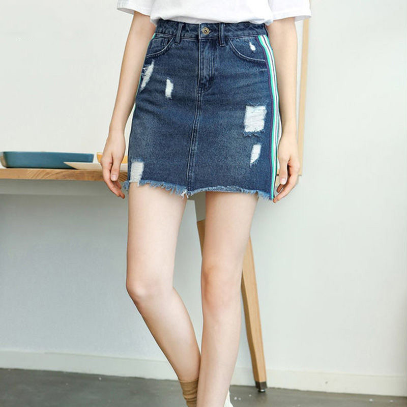 女装新款时尚侧织带a字裙破洞牛仔裙半身裙百搭短裙子60005743视频