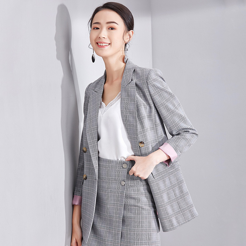 欧昵雪春秋装OL韩版双排扣职业装西服女长袖格子西装外套