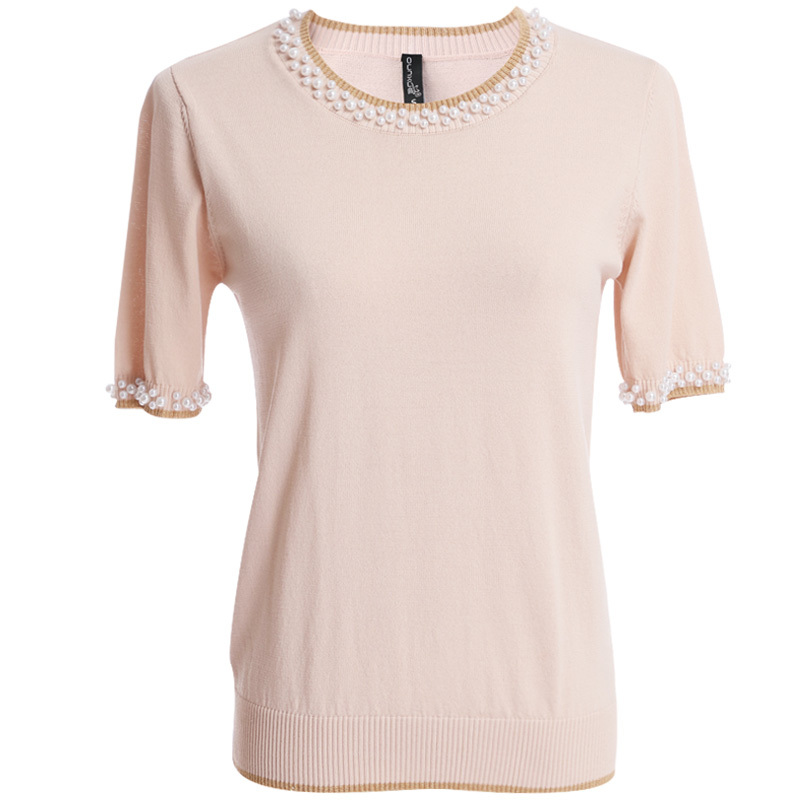 欧昵雪夏季遮肚子钉珠圆领套头针织衫上衣女薄款短袖毛衣
