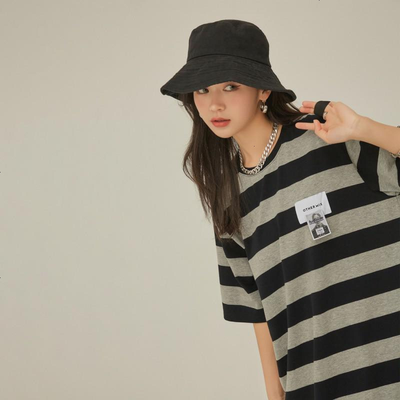 OtherMix条纹T恤连衣裙女2021年夏季新款宽松圆领短袖中长裙子潮