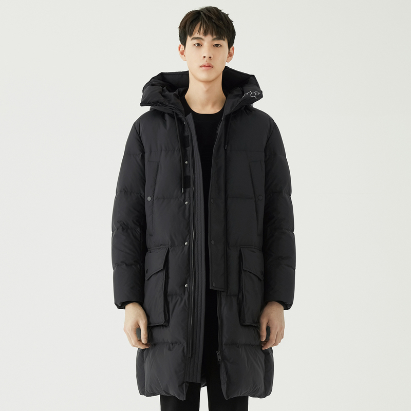 gxg男装冬季男士黑色连帽加厚白鸭绒流行中长款羽绒服潮