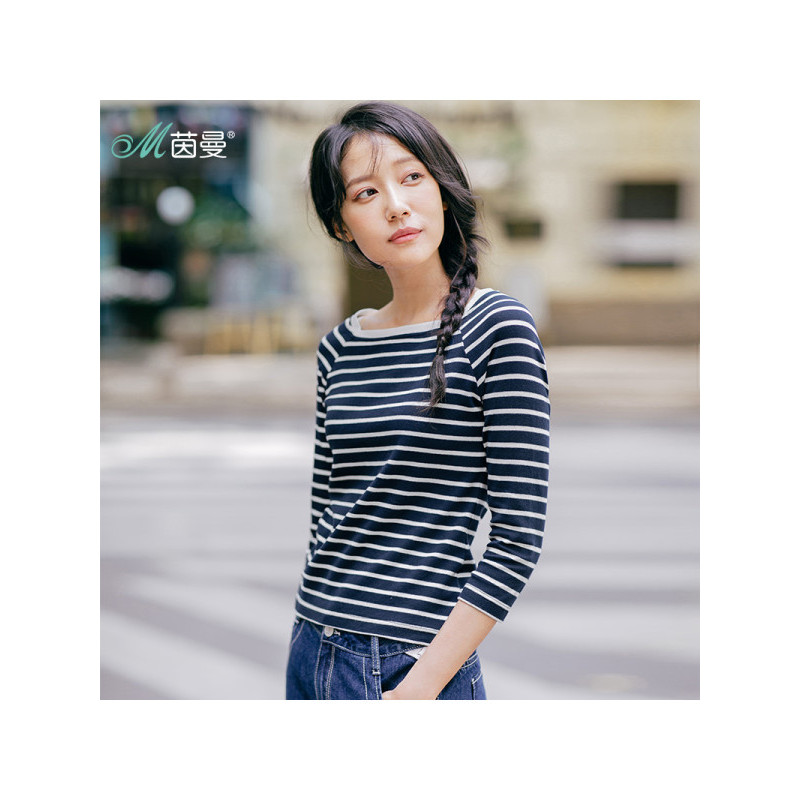 茵曼秋装新款文艺范长袖黑白条纹T恤女一字肩上衣F1873021474