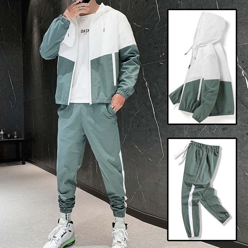 罗蒙（ROMON）2021拼接运动套装男春秋跑步运动服休闲长袖两件套