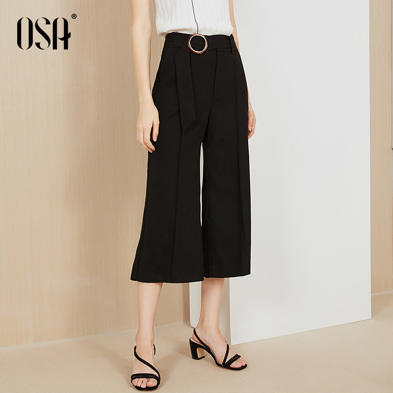 OSA欧莎高腰阔腿裤2019新款黑色七分休闲裤子女夏薄款宽松显瘦