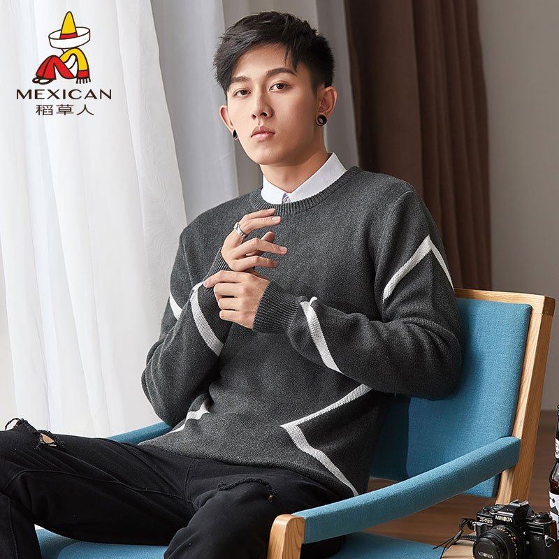 稻草人针织衫男2019秋冬新品潮流圆领套头衫男士纯棉毛衫保暖毛衣男