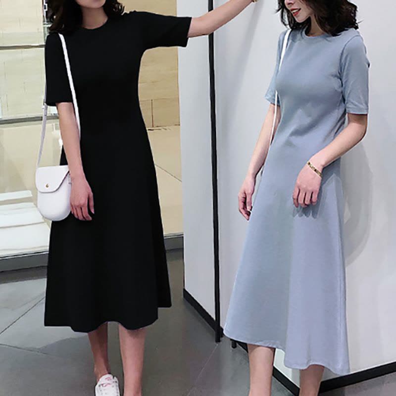 夏季新款短袖中长款连衣裙女装修身百搭冷淡风纯色过膝a字裙图片