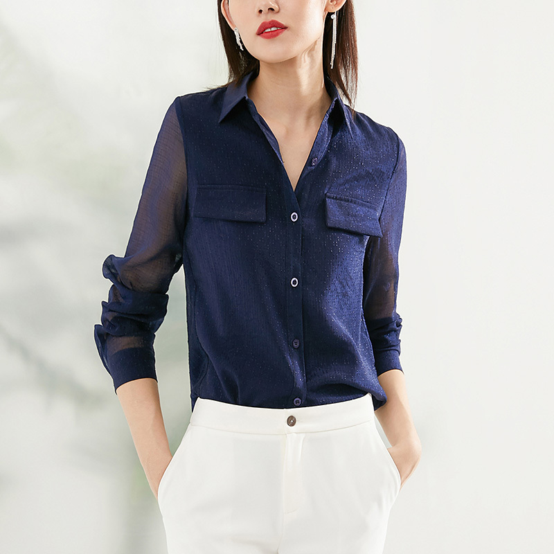 晚白2021春季新品简约纯色翻领长袖休闲百搭常规上衣衬衫衬衣女