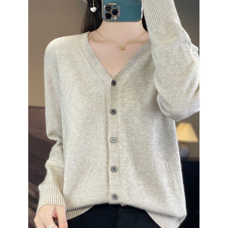 针织衫V领开衫女春秋新款毛衣外套安迪绒纯色短款外搭上衣图片