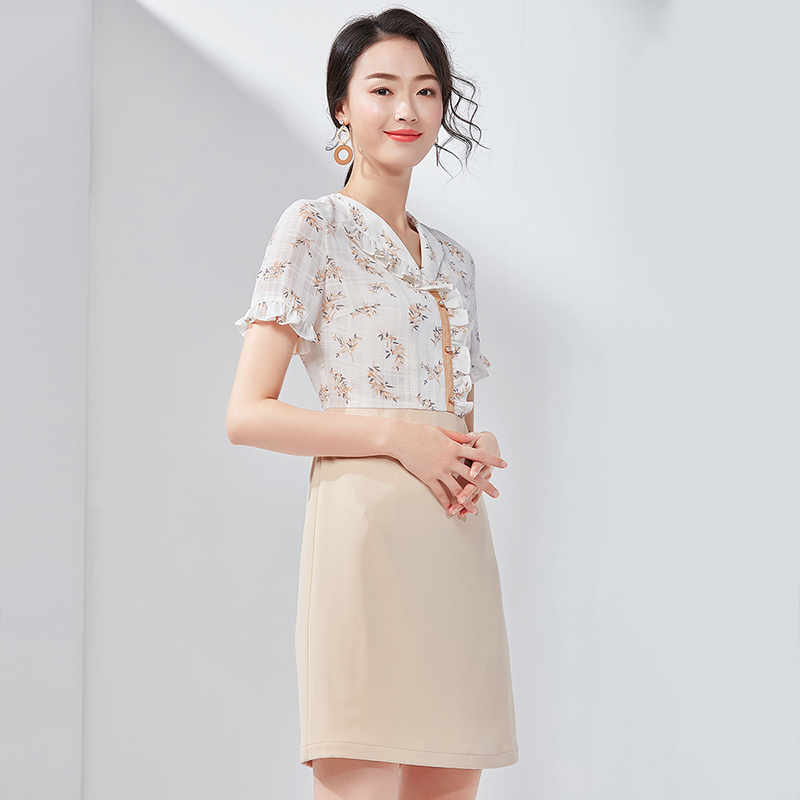 欧昵雪夏木耳边V领拼接高腰假两件碎花雪纺连衣裙女短袖
