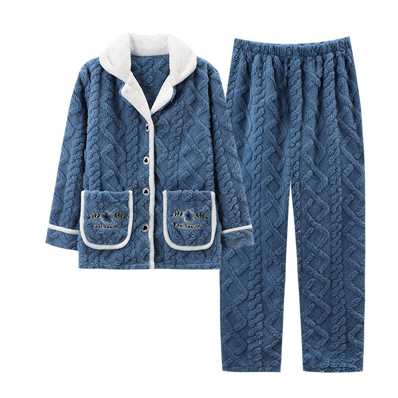 中老年睡衣女冬季开衫珊瑚绒加厚加绒家居服法兰绒妈妈保暖长毛绒