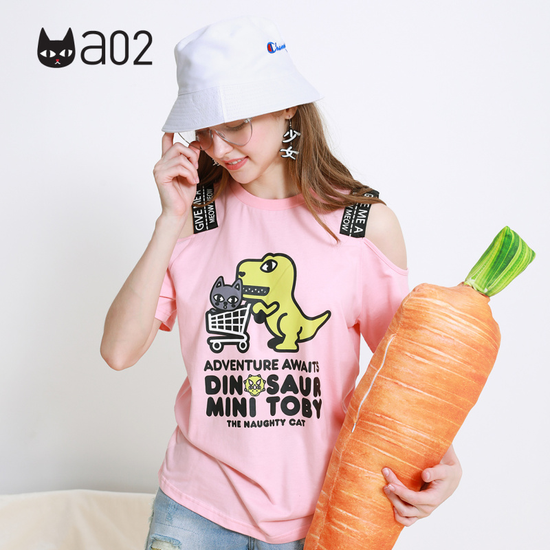 a02新款潮流玩趣卡通字母印花洋气露肩短袖T恤女DTU2D0971KT