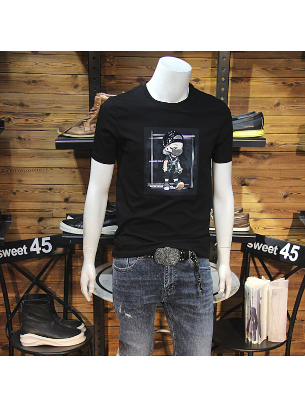 Ceen Bulled2022夏季男短袖人物亮片口罩潮款青年半袖T恤圆领修身休闲半截袖