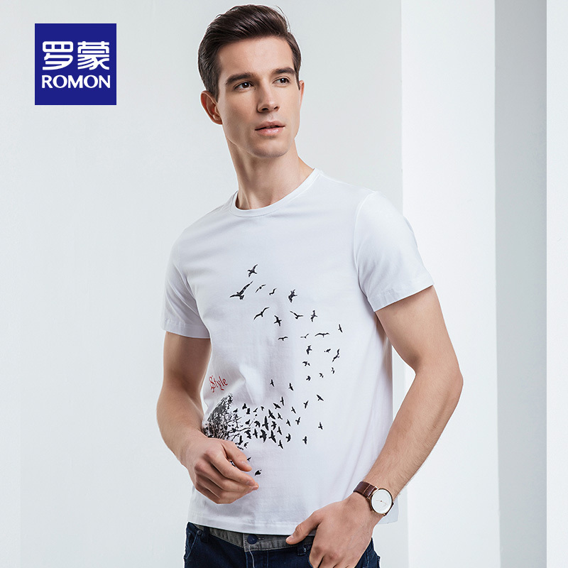 romon/罗蒙圆领短袖t恤衫男夏季薄款中青年潮流百搭透气打底衫男