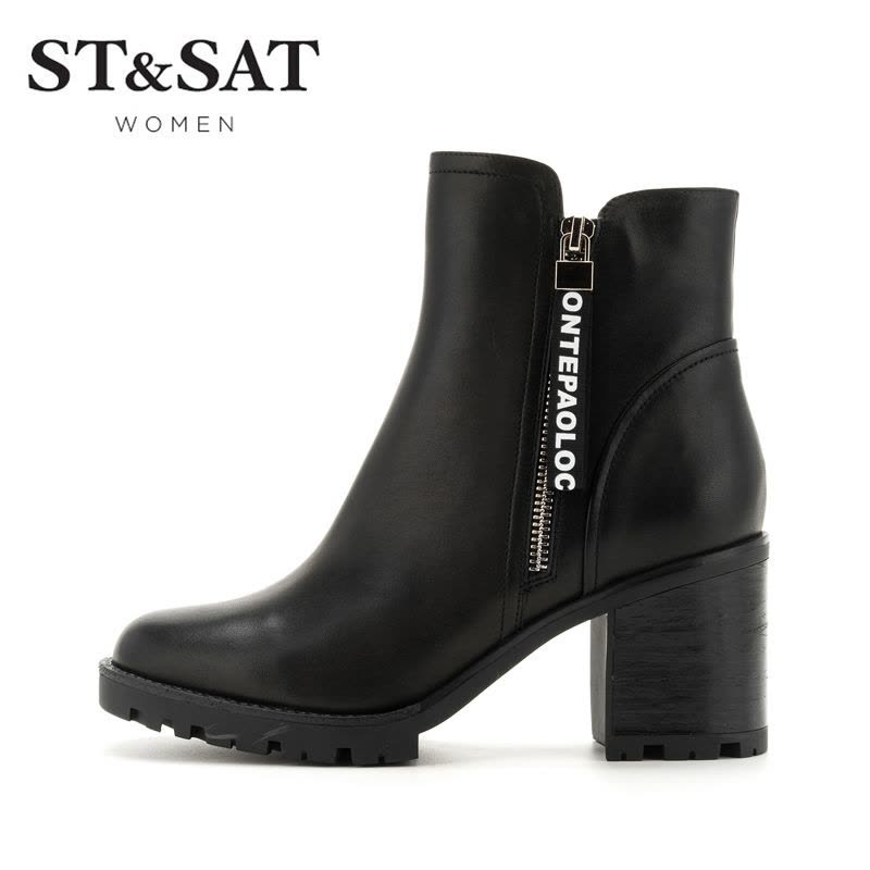 St&Sat/星期六冬季牛皮革圆头粗跟短靴女靴子SS74116541图片