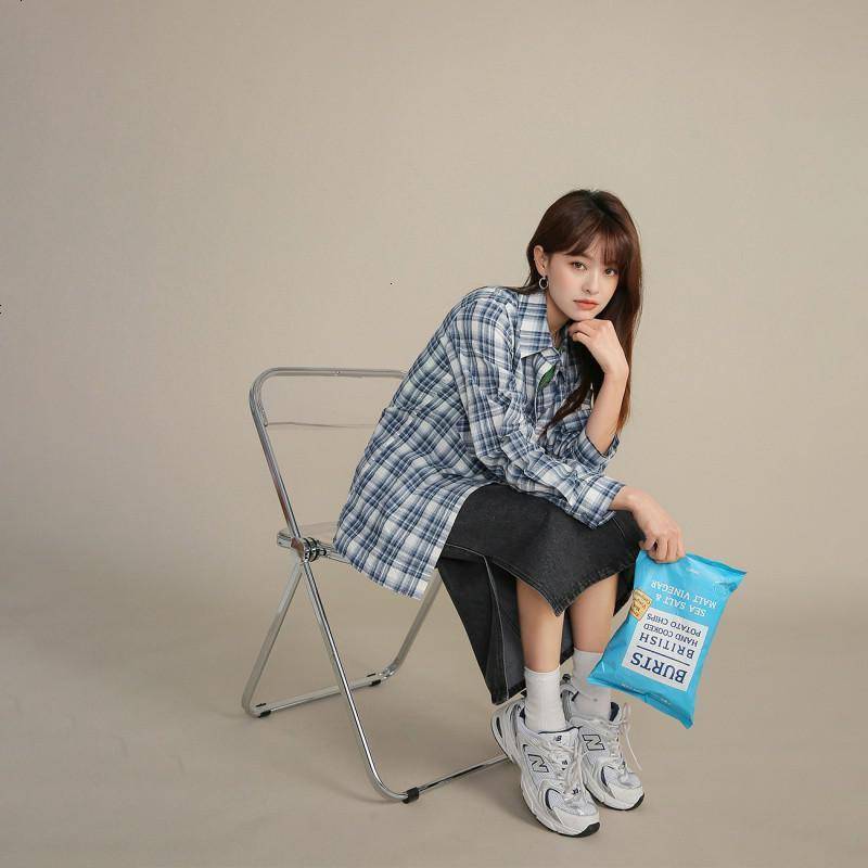 OtherMix蓝色格子衬衫2021年新款衬衣女设计感小众长袖春季上衣潮