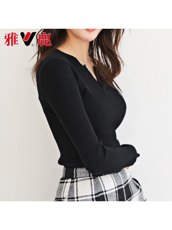 yaloo/雅鹿春装2019款女长袖打底衫V领针织衫慵懒修身套头毛衣女