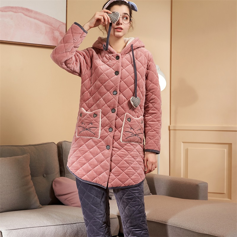 安之伴贝贝绒加厚夹棉睡衣女冬带帽外穿家居服套装