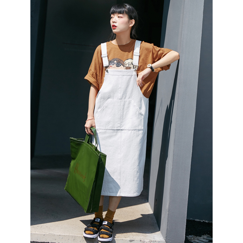 森宿Y纯棉背带裙夏装2018新款文艺ins纯色大口袋背带连衣裙女K