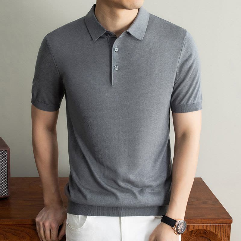 老钱风莱赛尔蚕丝针织短袖polo衫男2026夏季新款翻领透气男士T恤图片