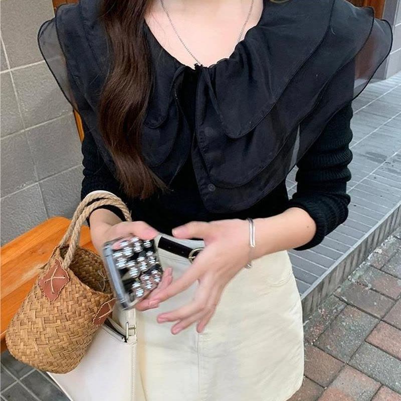 chic甜美温柔针织开衫女薄款娃娃领毛衣长袖荷叶边领拼接修身上衣图片