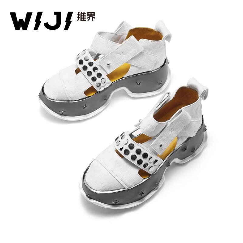 WIJI2018夏季新款黑色牛毛油蜡松糕底女鞋厚底韩版潮流铆钉搭舒适图片