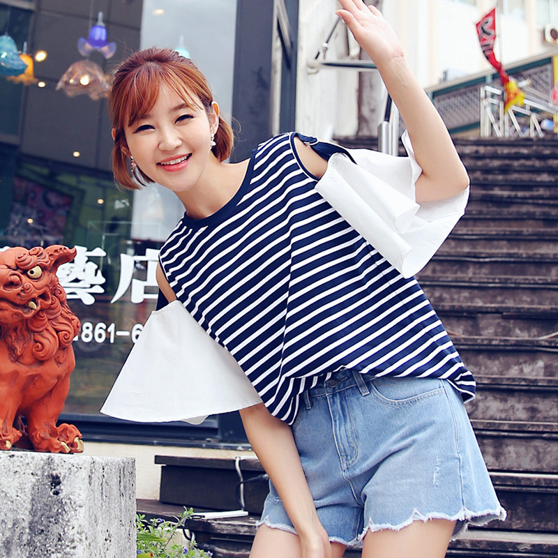 韩都衣舍2018韩版女装夏装新款宽松打底上衣条纹短袖T恤NW7992棽