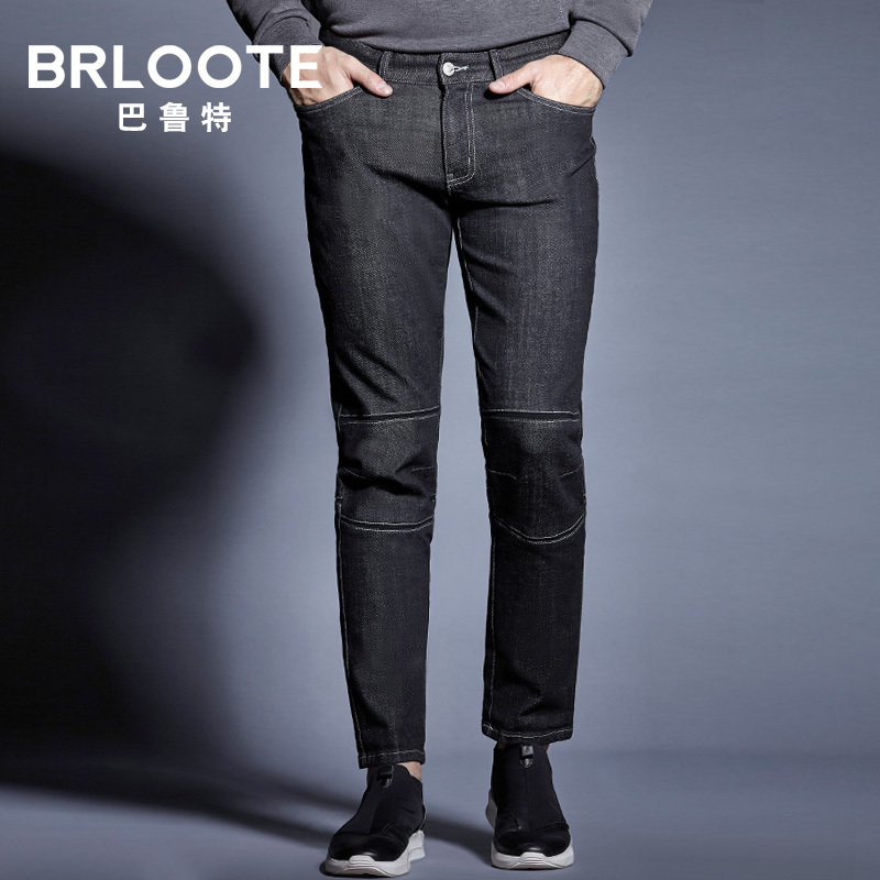 Brloote/巴鲁特 牛仔裤男秋冬款时尚拼接牛仔九分裤男士微弹直筒裤子 黑色
