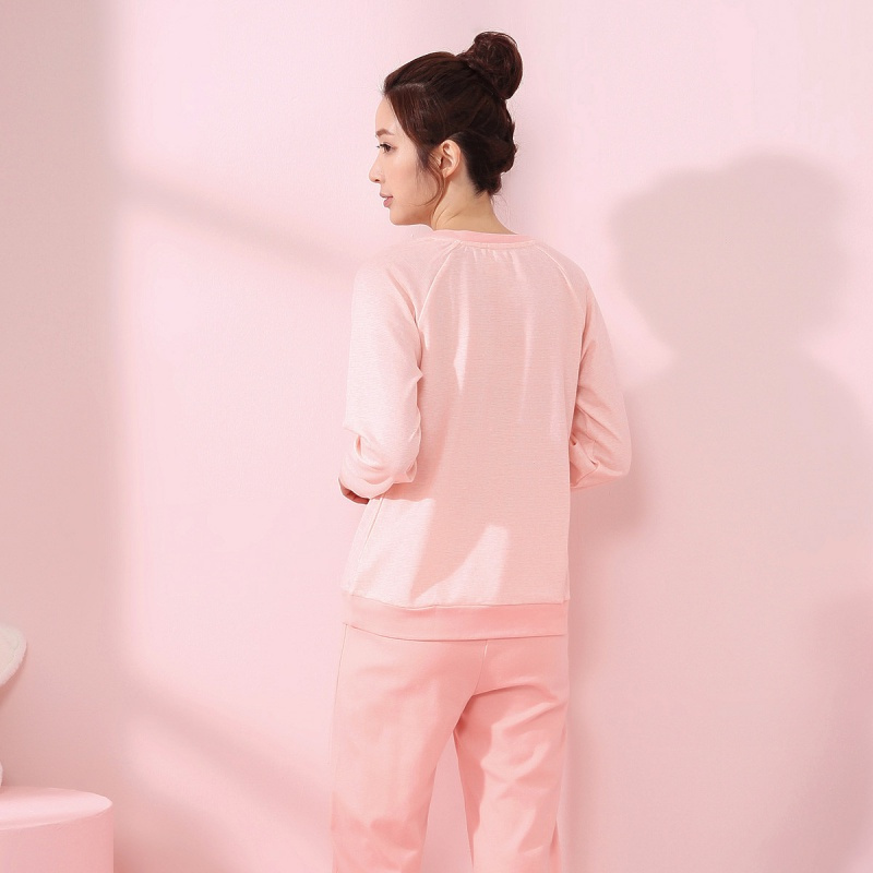 都市丽人时尚休闲宽松薄款圆领长袖套头秋冬家居服套装女士睡衣1h9224