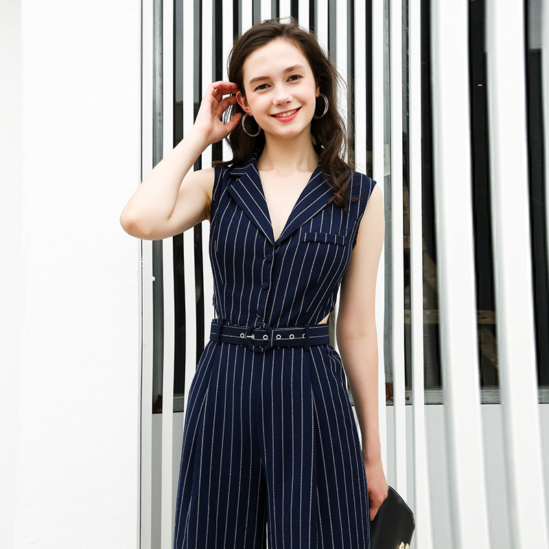 连体裤女夏装2018新款女韩版高腰显瘦薄款条纹七分裤连体衣女装夏