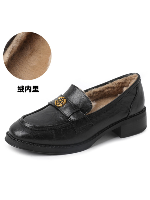 25英伦风复古乐福鞋女牛皮低跟圆头加绒棉鞋女新款软底粗跟小皮鞋